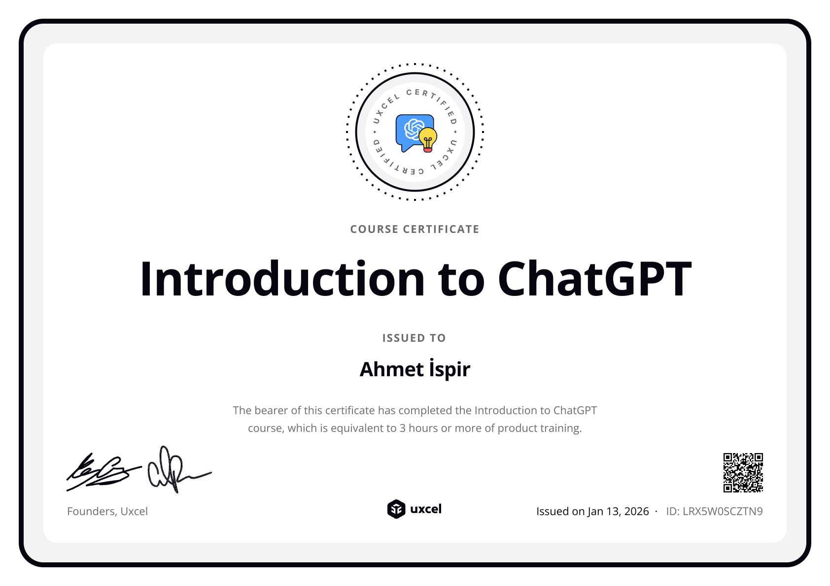 Ahmet İspir's certificate